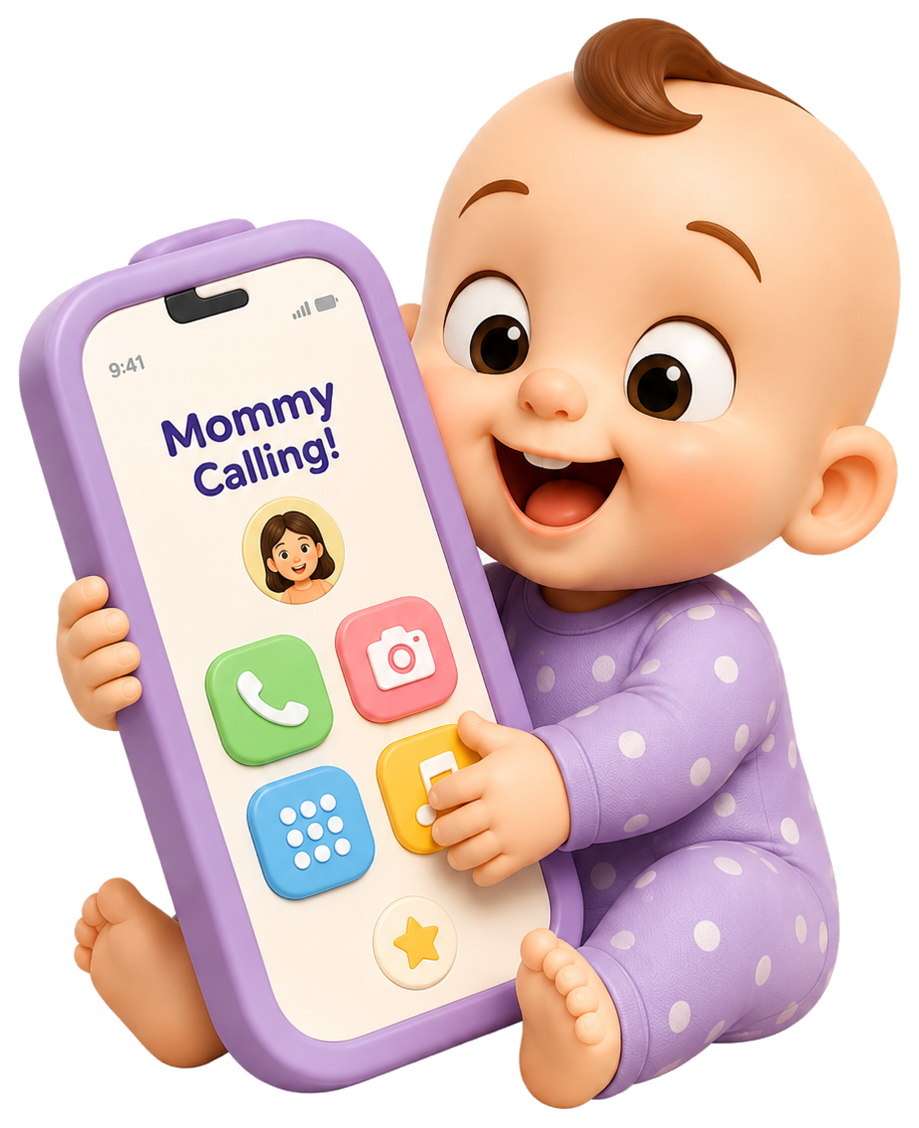 A cheerful baby holding a large purple toy phone